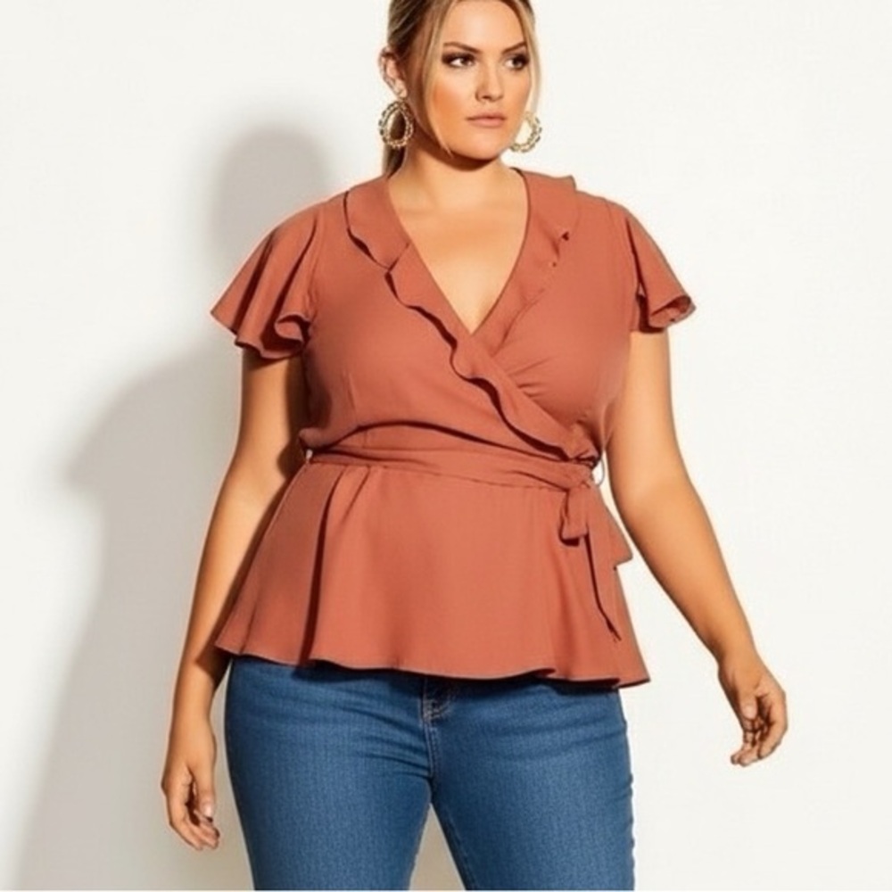 City Chic Flutter Sleeve Tie Waist Wrap Top Peplum Sweet Clay Terracotta Size 14